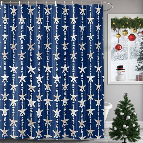 Shower Curtain 72"W x 84"L Summer Starfish Pattern Blue Texture Fabric Shower Curtains Set with Hooks Water Repellent Bathroom Curtains Machine Washable Bathroom Accessories