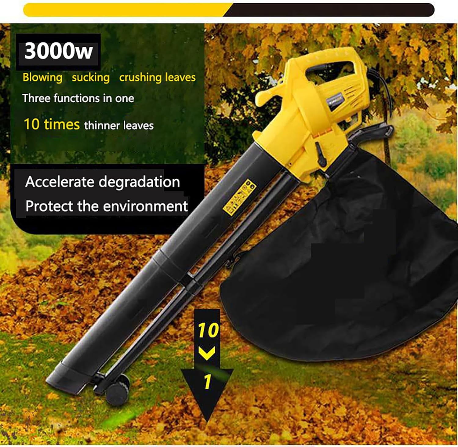 3000W 3-in-1 Vacuum Leaf Blower, Vacuum and Mulcher, 167 MPH, with Large 35L Capacity Collection Bag for Fine Mulching
