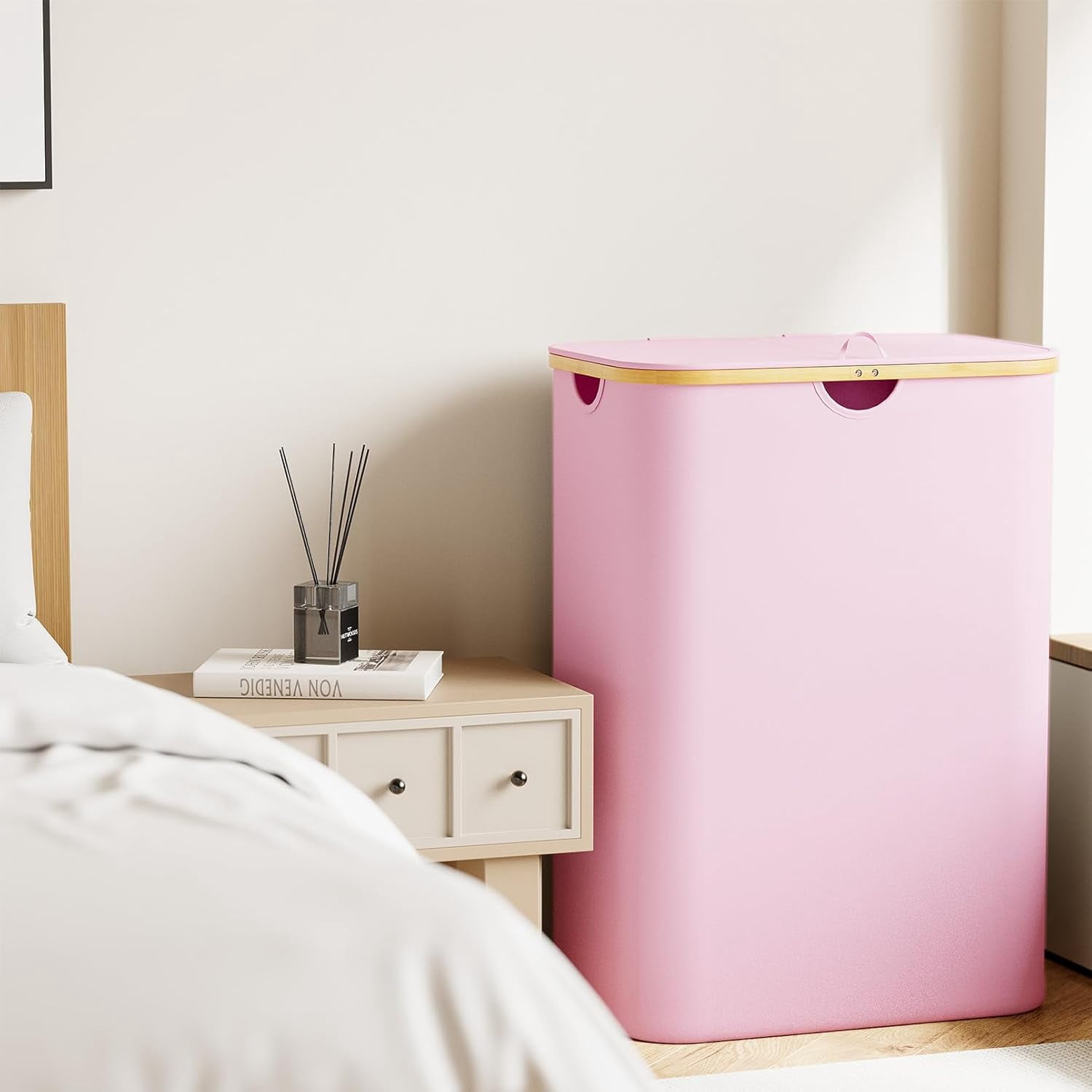SpaceAid Double Laundry Hamper 2 Section with Lid and Removable Laundry Bags, 160L Clothes Basket, Pink