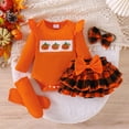 thumbnail image 4 of Whouriu Baby Halloween Outfit Set Cute Pumpkin Ruffle Romper Skirt Headband Leg Warmers Soft Party Wear 4Pcs Set, 4 of 8