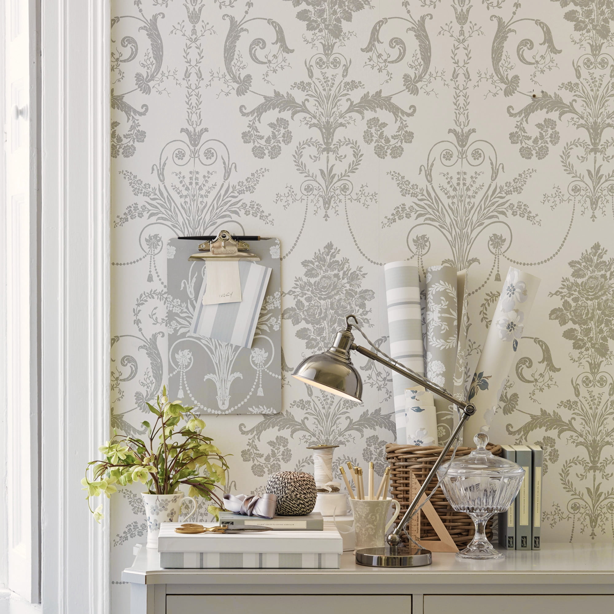 Laura Ashley Josette Dove Grey and White Wallpaper