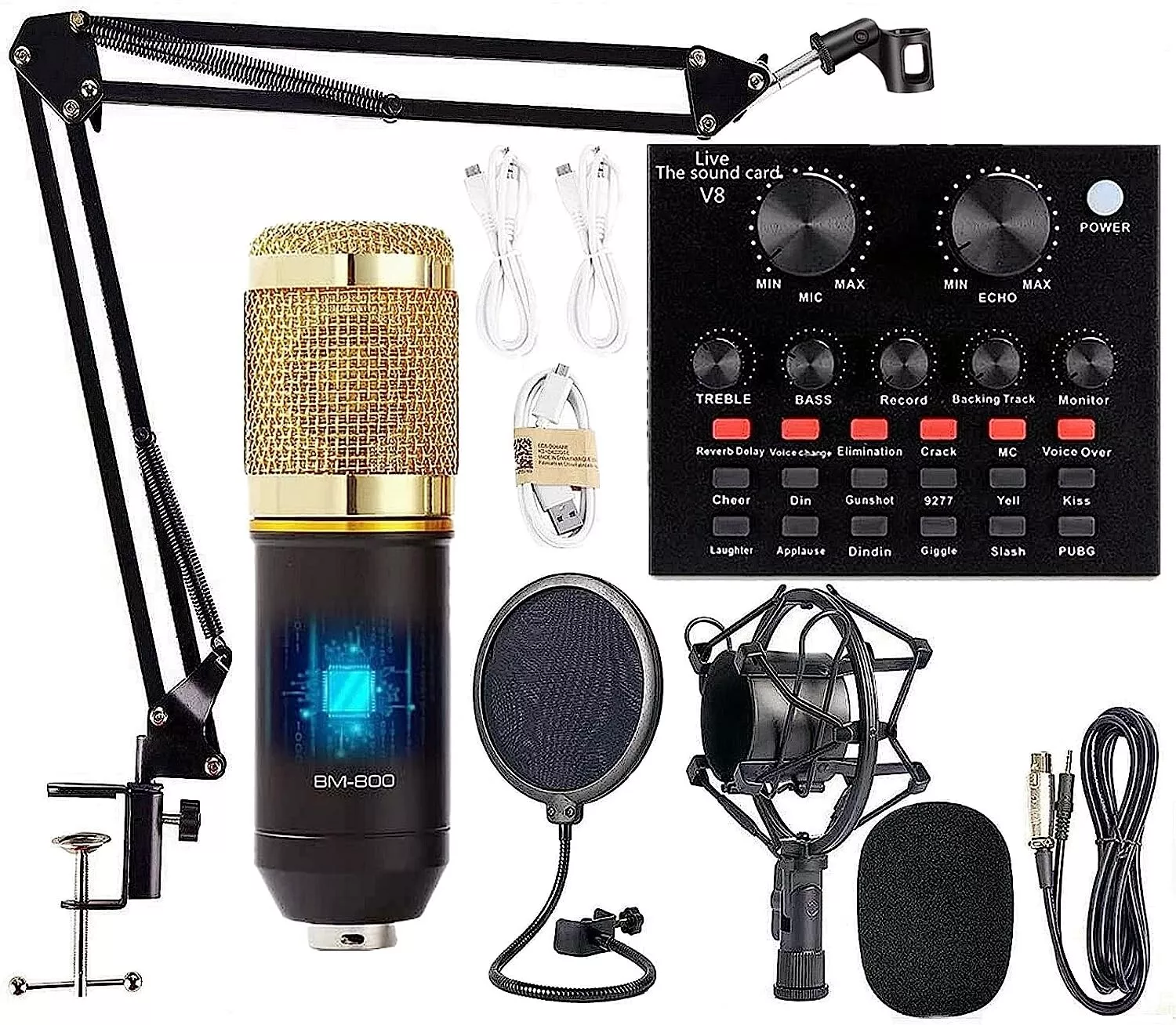 Professional Studio Recording Bundle with BM-800 Mic & Live Sound Card - Gold