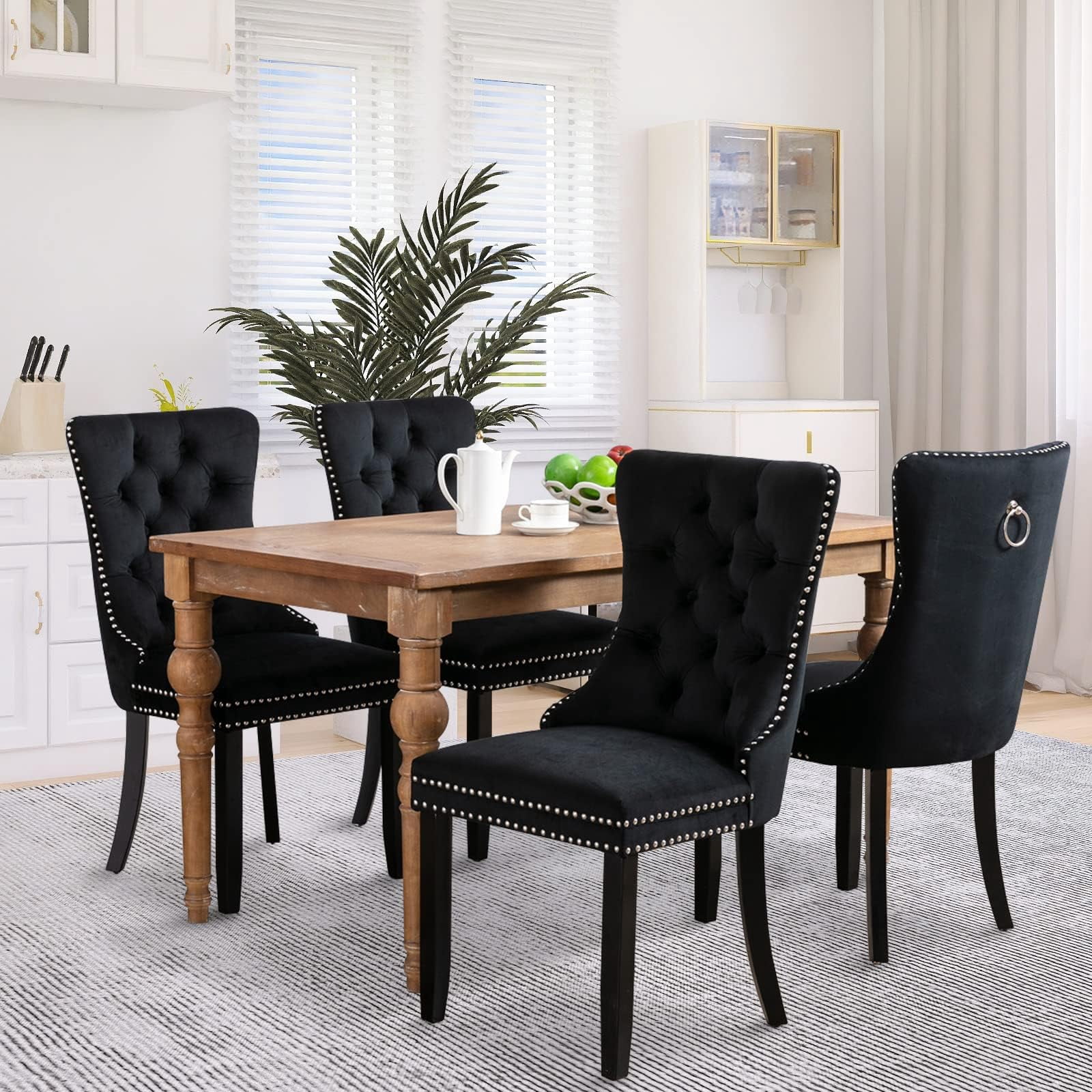 JESTOP Velvet Dining Chairs Set of 8, Tall Back Side Chair, Modern Upholstered High-end Tufted Side Chair with Button Back Ring, Solid Wood Legs (Black)