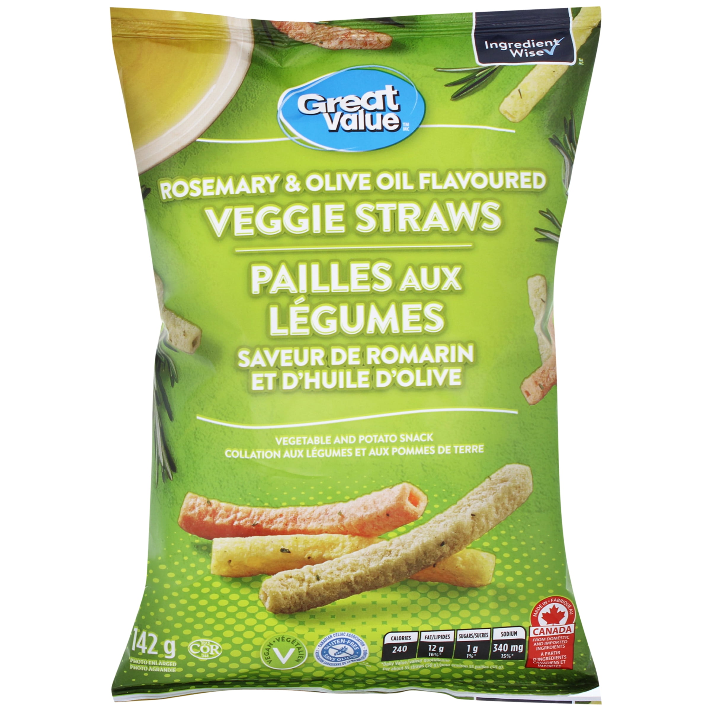 Pailles aux légumes Saveur de romarin et d’huile d’olive Great Value 142 g