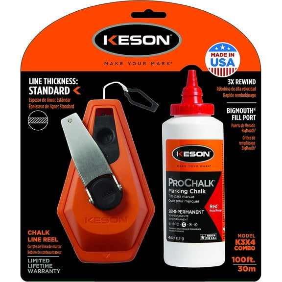 Keson K3X4R 3x1 Rewind Chalk Line Reel Combo with 4-Ounces of Red Chalk, 100-Foot