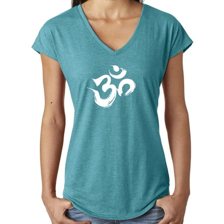 Ladies Brushstroke AUM Om V-neck Yoga Tee Shirt - Galapagos