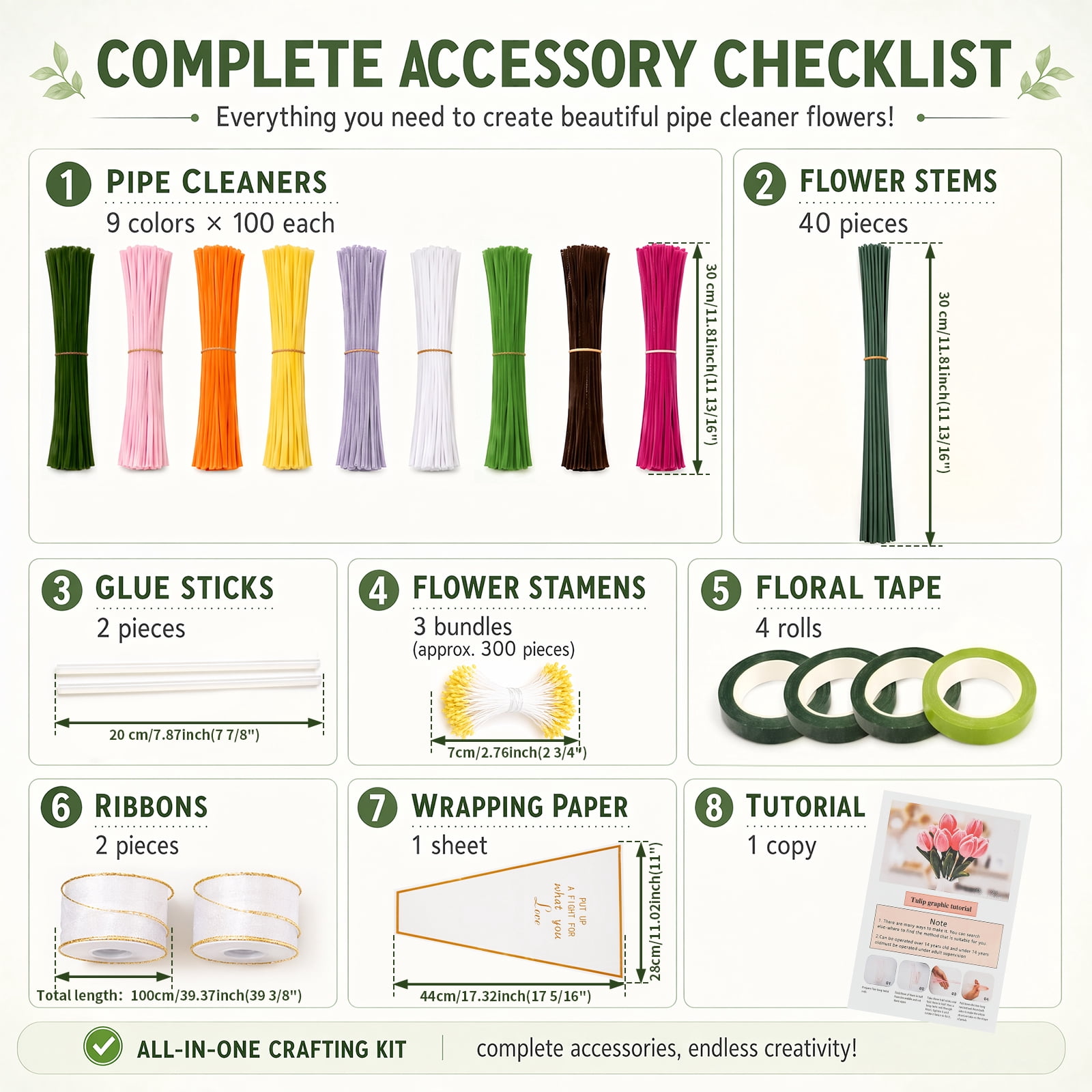 900Pcs Pipe Cleaners Craft Pipe Cleaners Flowers Kit 9 Color Chenille Stem with 40 Stem Glue Stick Floral Tape Stamen Ribbon Wrapping Paper Handmade Bouquet for Arts DIY Craft Supplies