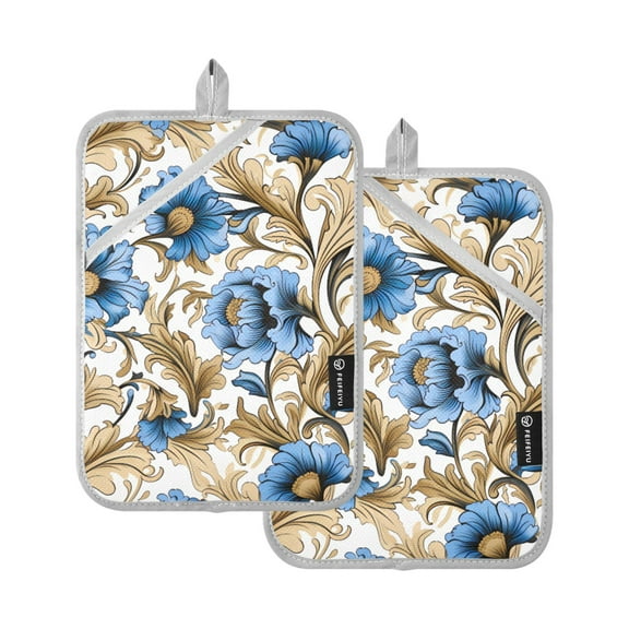 ALAZA Blue Flowers with Gold Leaves Pot Holders Set of 2 Heat Resistant Kitchen Oven Mitts