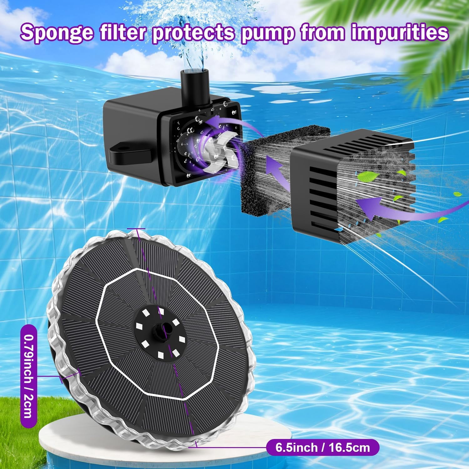 3.5W Solar Water Fountain with 2000mAh Battery and 3D Color Changing LED Light, Anti-Drift Fixer and 8 Nozzles, Outdoor Fountain Kit for Garden, Patio and Pond