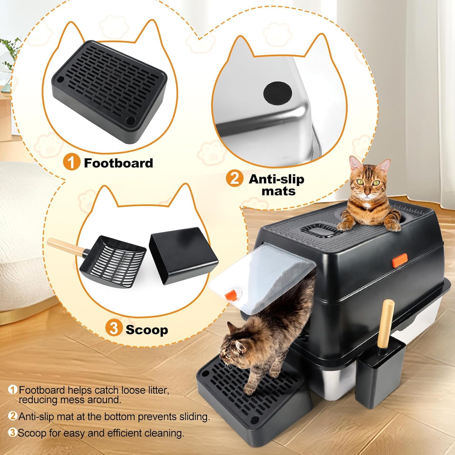 Kalolary Stainless Steel Cat Litter Box with Lid, Removable Metal Tray for Large Cats, Top Entry, High-Sided Enclosure, Scoop, Pedal, Anti-Leakage, Non-Sticky, Easy Cleaning (Black)