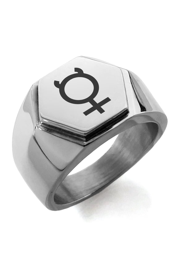 Stainless Steel Solar System Planetary Mercury Engraved Hexagon Crest Flat Top Biker Style Polished Ring