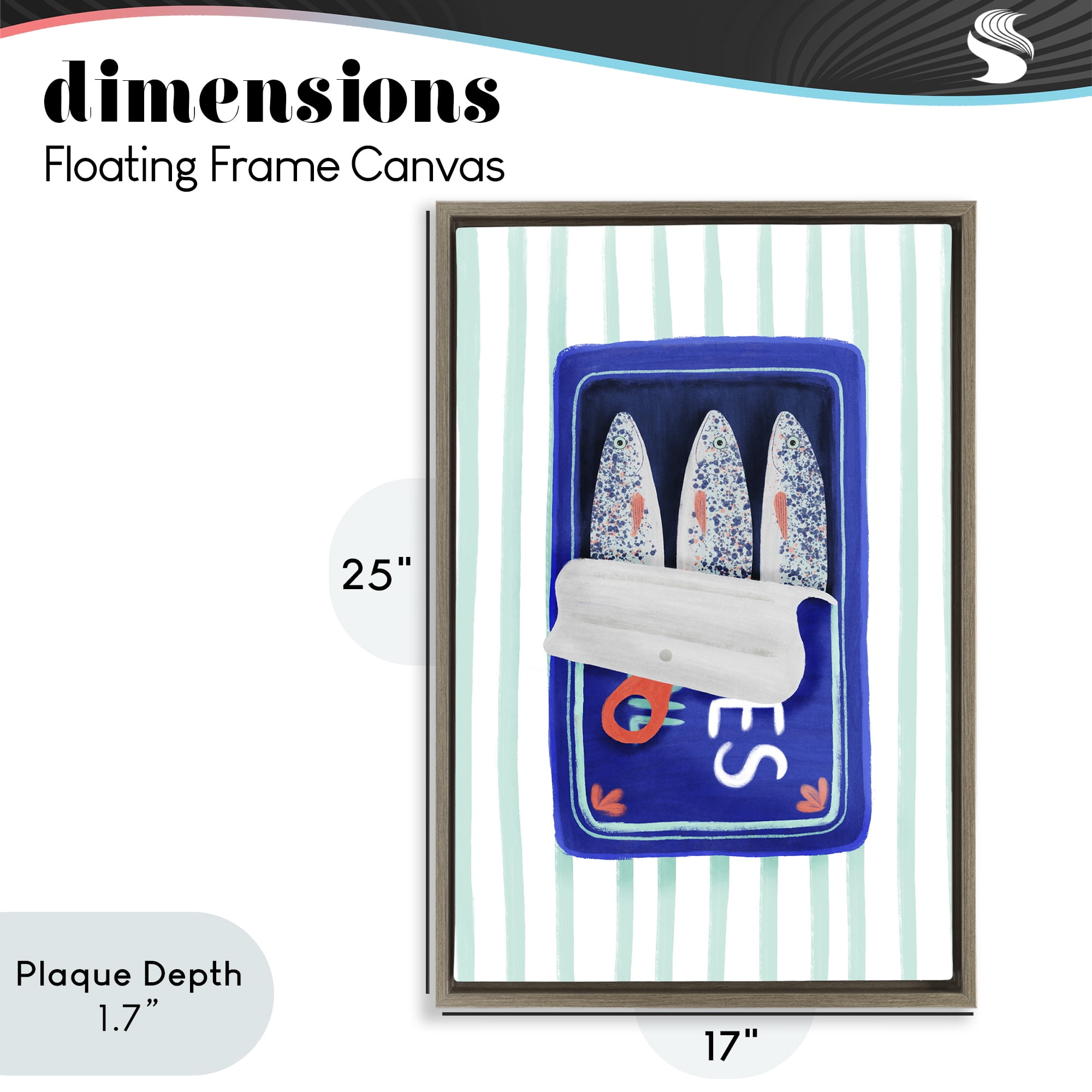 Stupell Industries Blue Sardines on Stripes Brown Framed Floater Canvas Wall Art, design by Metka Hiti