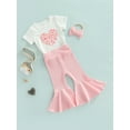 thumbnail image 3 of Toddler Girl BellBottoms Outfit Letter Print T-Shirt + Ribbed Flared Trousers + Headband 3 Pcs Pant Clothing Sets, 3 of 8
