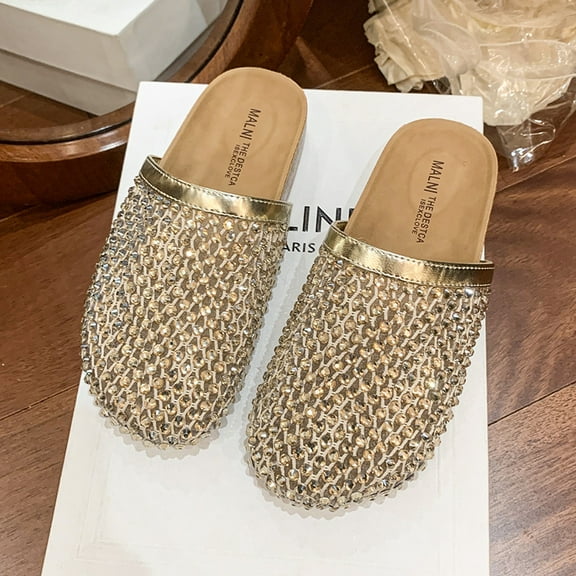 Women's Rhinestone - Embellished Gold Slide Sandals - Sparkly, Comfortable, Open - Toe Casual Mules
