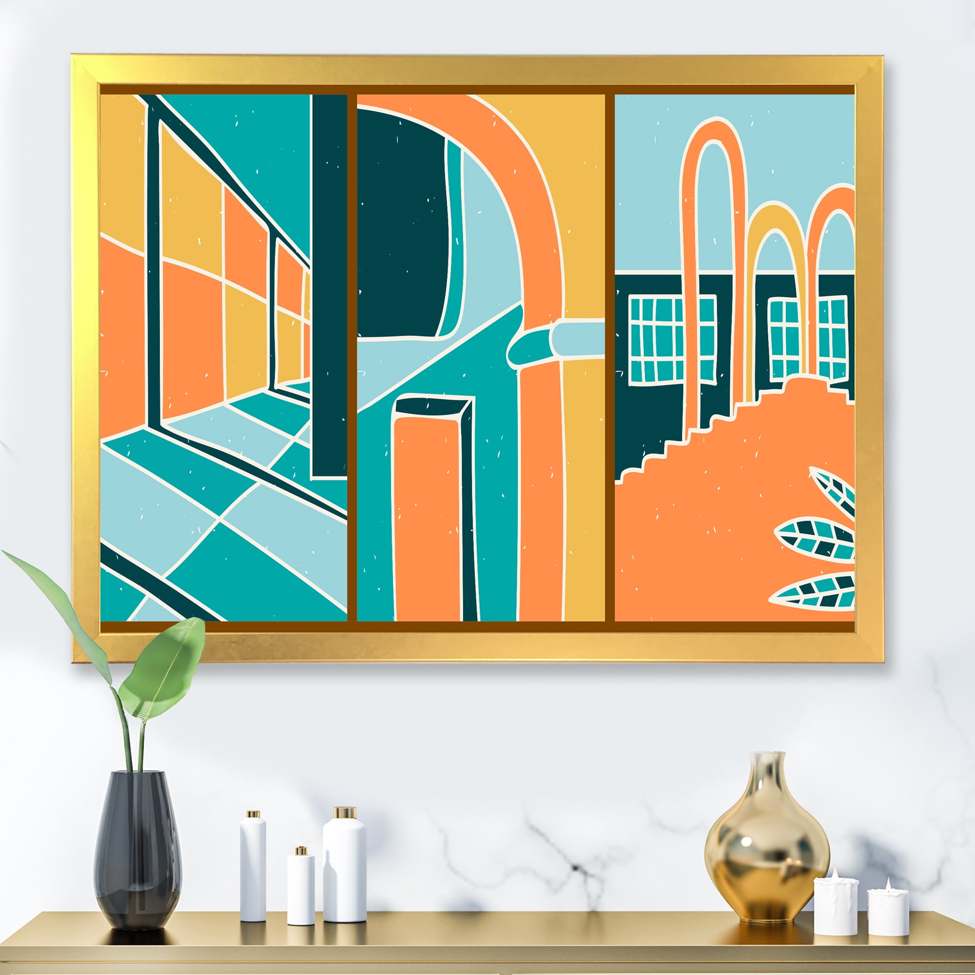 Designart 'Geometric Shapes Vintage Style Building Windows' Modern Framed Art Print