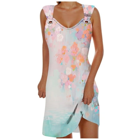 Blphud Casual Summer Dresses for Women Dress Summer Ladies Elegant Suspender Midi Skirt Ladies Casual Printed Dress Beach Skirt Womens Seamless Dress Pink S