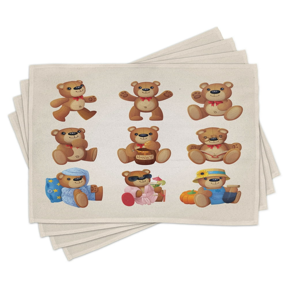 Cartoon Placemats Set of 4 Set of Cute Happy Teddy Bears with Funny