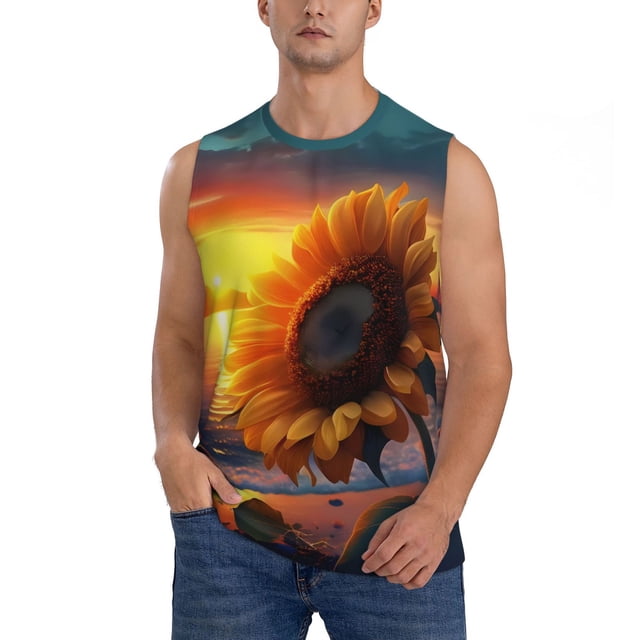 Fotbe Sunset Coast Sunflower Men's Camiseta sin Mangas Estampada para Hombres, Playera Casual para Gimnasio, Entrenamiento, Playa-Medium