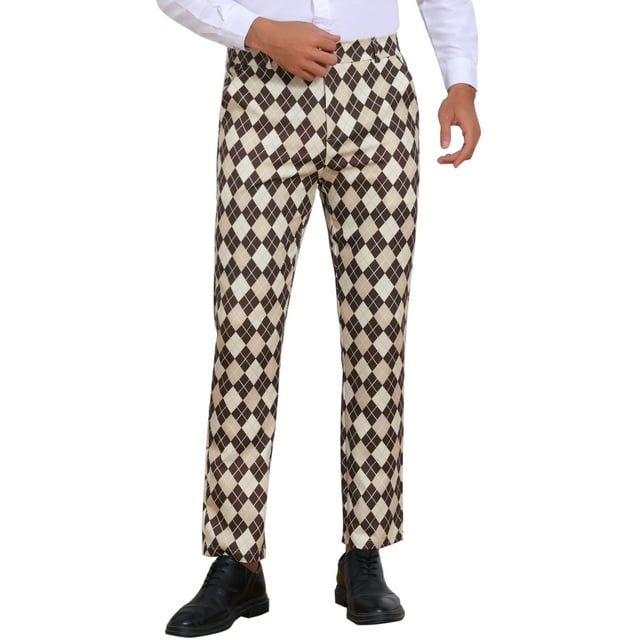 Pantalones de patrón argyle INSPIRE CHIC para hombres, pantalones retro de frente plano, pantalones de cuadros impresos 30 color caqui marrón