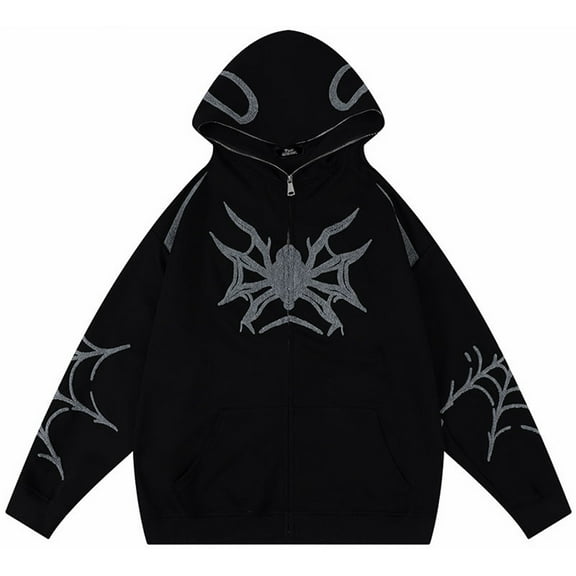 Silver Basic Men And Women Y2k Spider Hoodie Embroidered With Spider Print And Grunge Style Full Zipper Hoodies M,Black-1