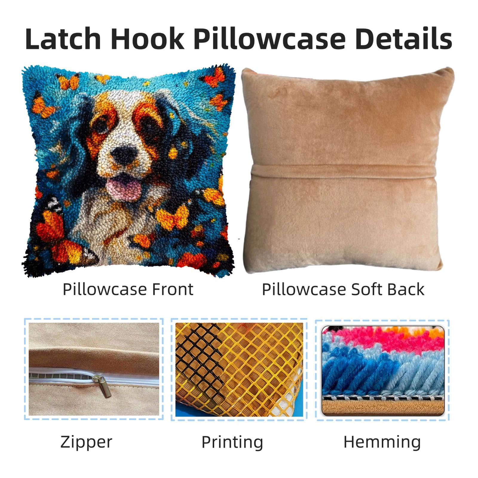 Bernese Mountain Dog and Butterflies DIY Latch Hook Pillow Kits for Adults Printed Pillowcase Crochet Yarns Hooking Handmade Pillow Cover Cushion for Home Sofa Decoration 17x17inch