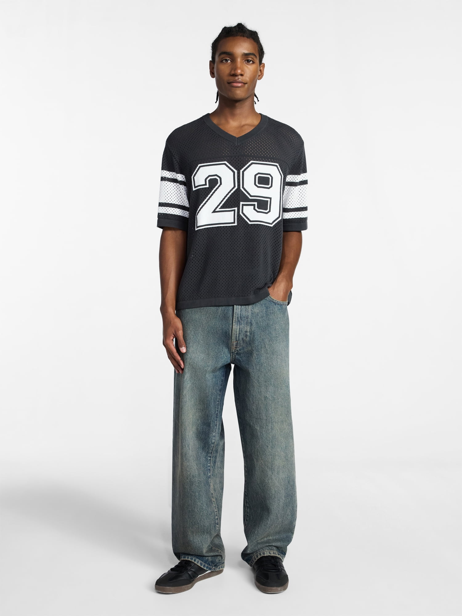 No Boundaries Mesh Sweater Knit Football Jersey Inspired Shirt with Short Sleeves, Men's XS-3XL