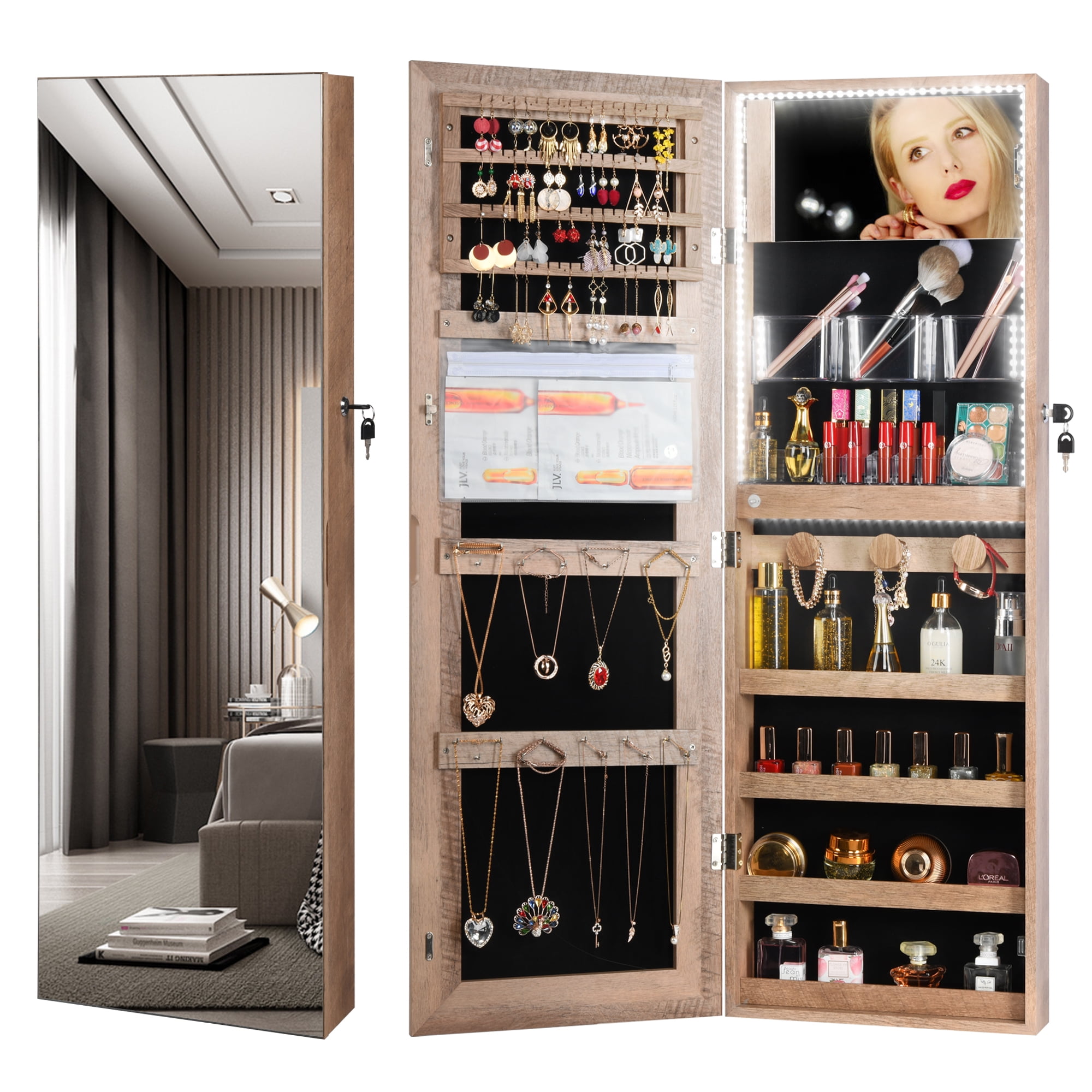 LVSOMT Jewelry with FullLength Mirror, Door Wall Mount Body