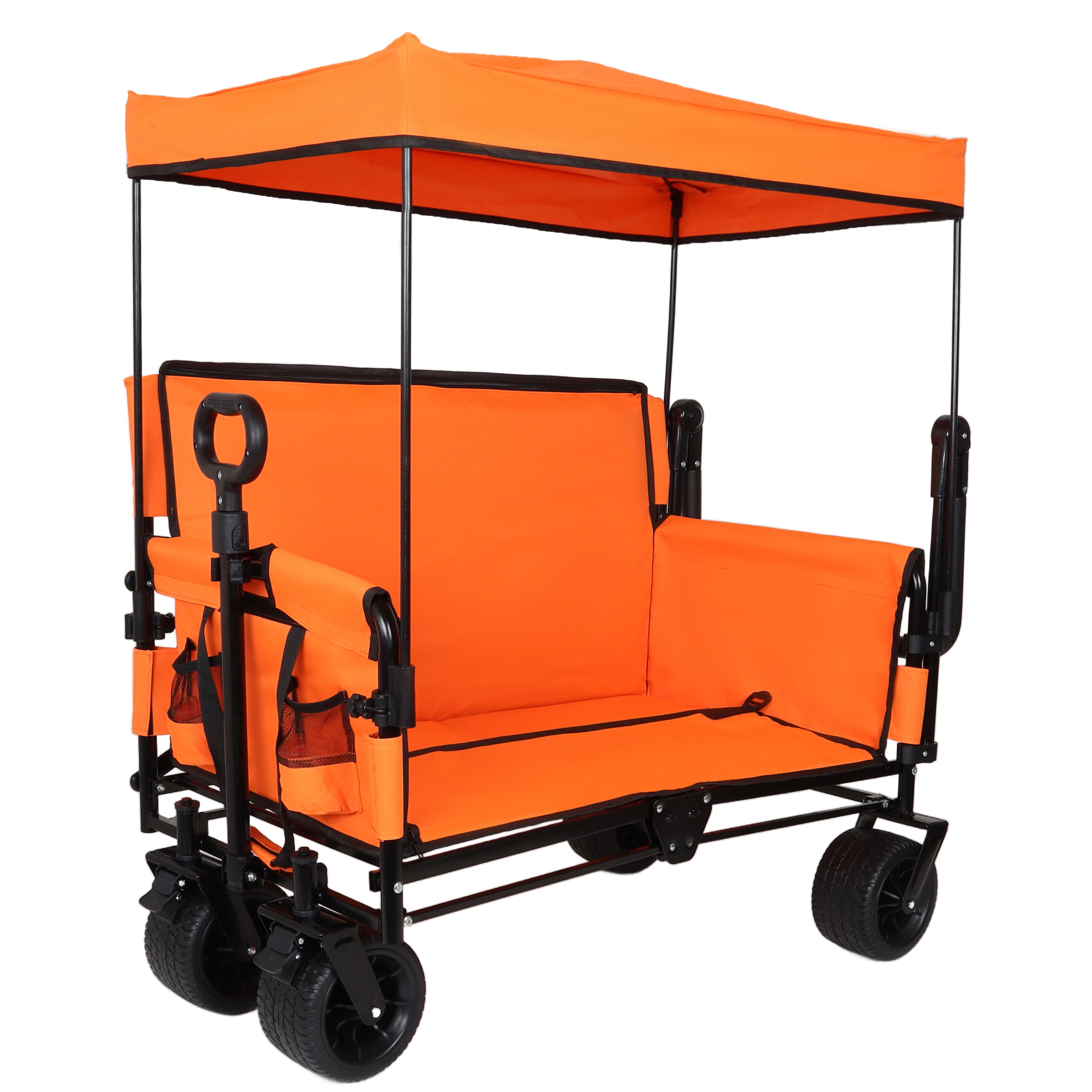 JXXRZ Folding Wagon with Seat & Canopy, 500lbs Heavy Duty All-Terrain Beach Cart, Orange