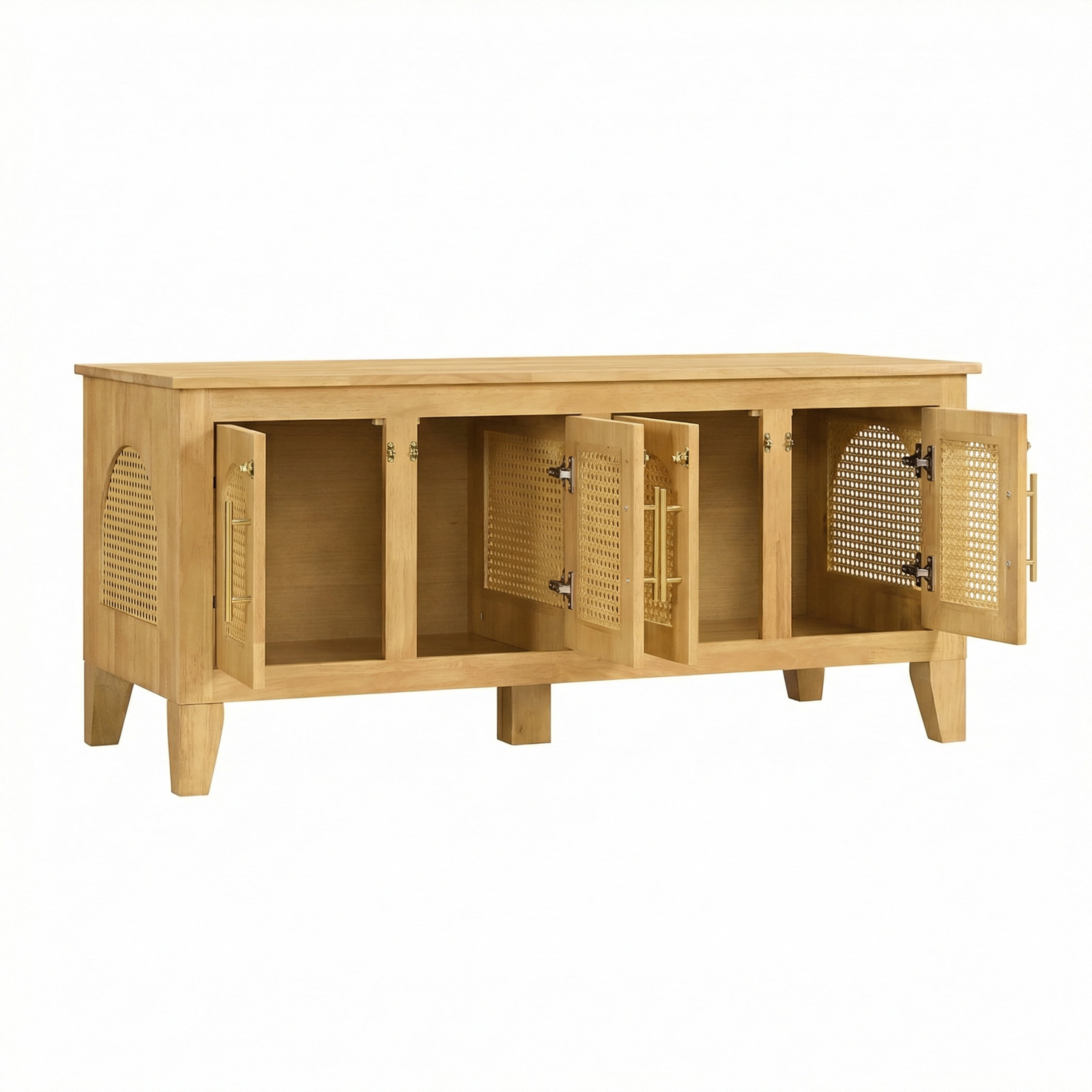 Indoor Rattan Decorated Rubber Wood Dog Crate Cabinet, Pet Kennel with Storage & 4 Doors for Living Room