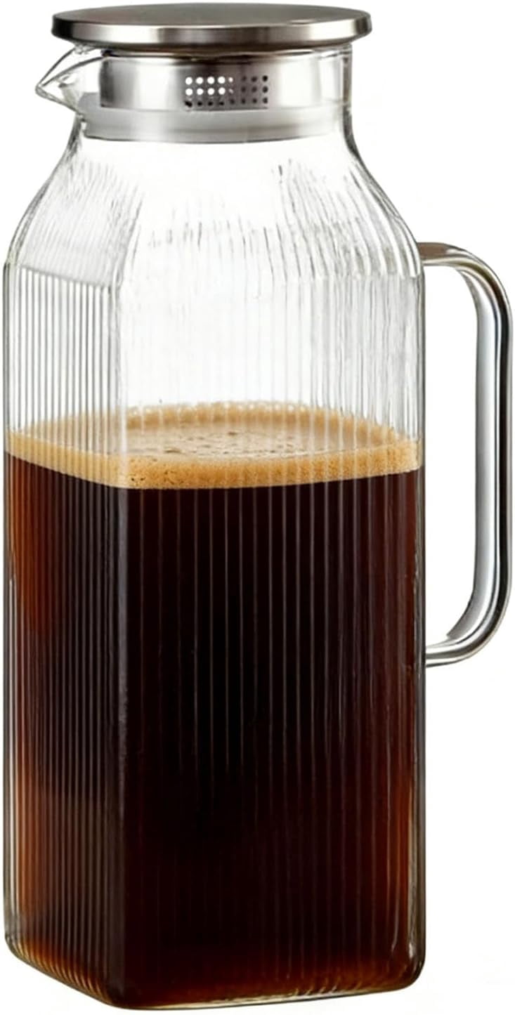 1 Gallon Thickened Glass Pitcher with Lid and Spout, Borosilicate Carafe for Hot Cold Drink, Water Pitcher for Fridge with Handle for Iced Tea Coffee Juice (2000ml)