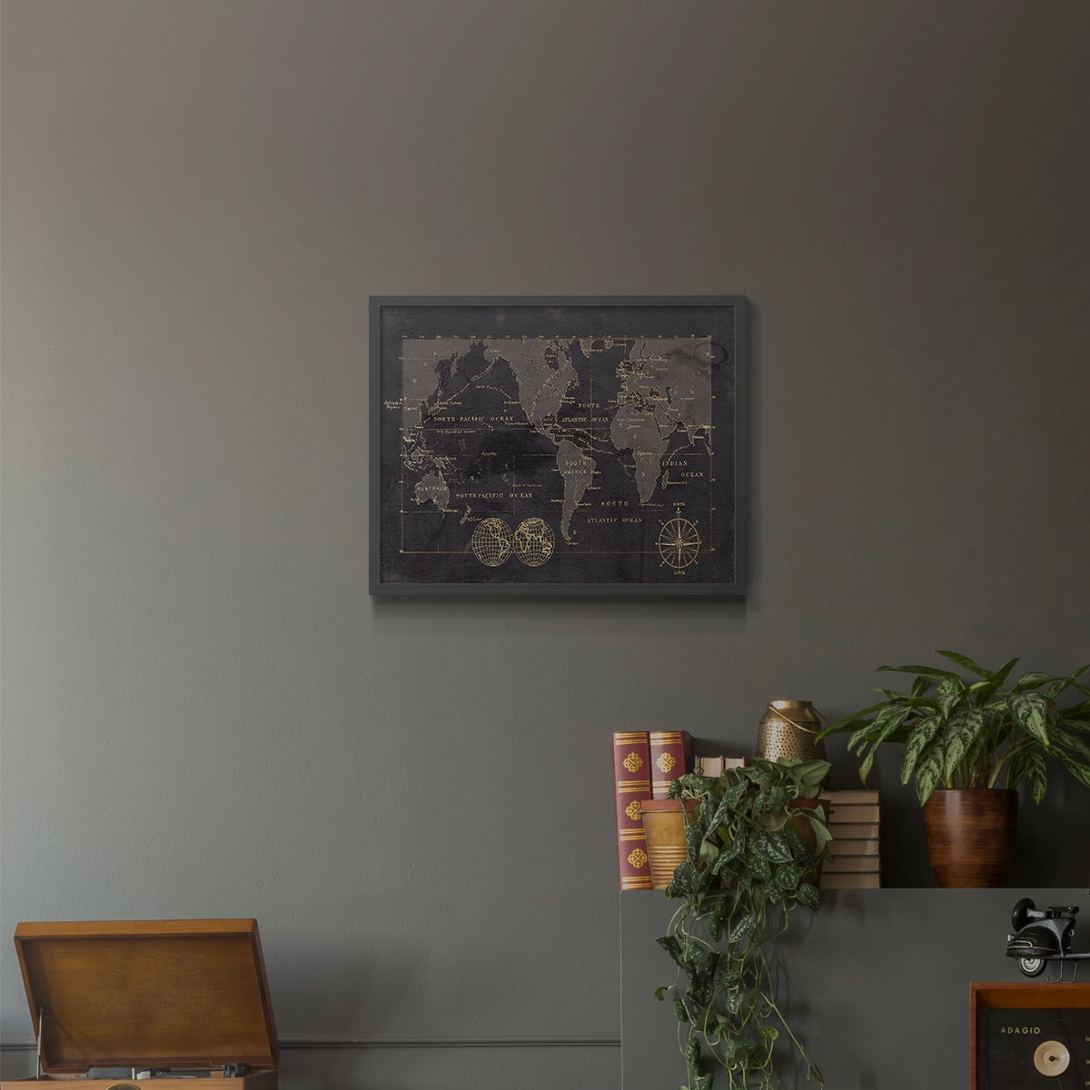 Black Gold Map by Carol Robinson - Restickable Framed Giclée Print