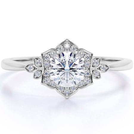 JeenMata Art Deco 1.75 Carat Round Cut Moissanite Engagement Ring in 18k White Gold Over Silver Stunning Ring