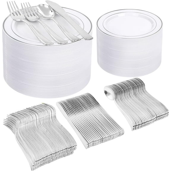 300 Pcs Gold Plastic Plates for 50 Guests.Disposable Dinnerware for Party,Plastic Dinnerware Set of 100 Plates,200 Gold Silverware Set(50 Spoons,50 Knives,100 Forks)