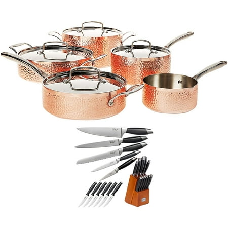 

Cuisinart HCTP-9 Hammered Collection 9-Piece Cookware Set Copper Bundle with Deco Chef Gourmet 12 Piece Stainless Steel Knife Set with Storage Block Full Tang Design