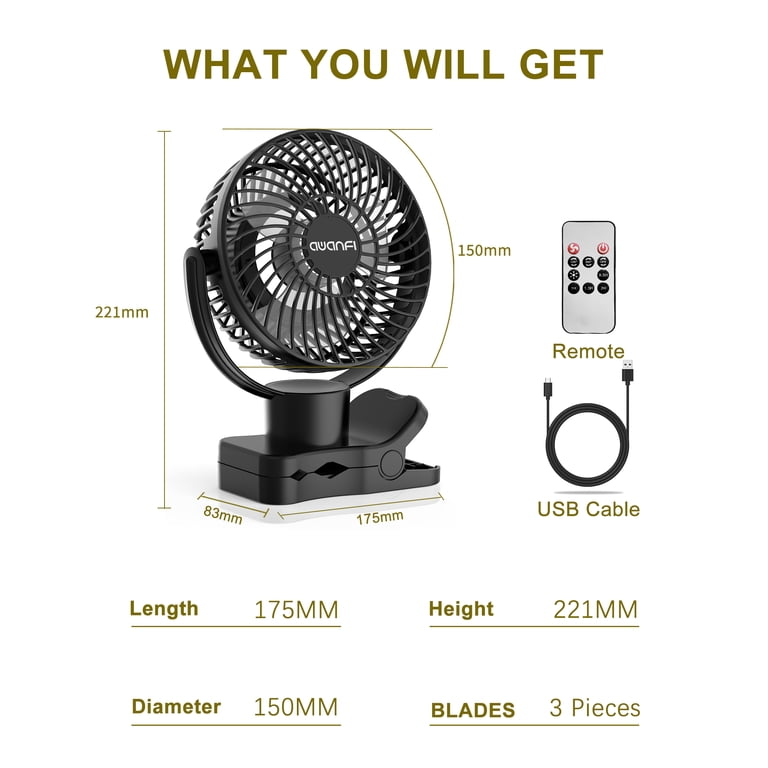 AWANFI 10000mAh Clip-On Desk Fan, 4 Speeds, Remote photo 3