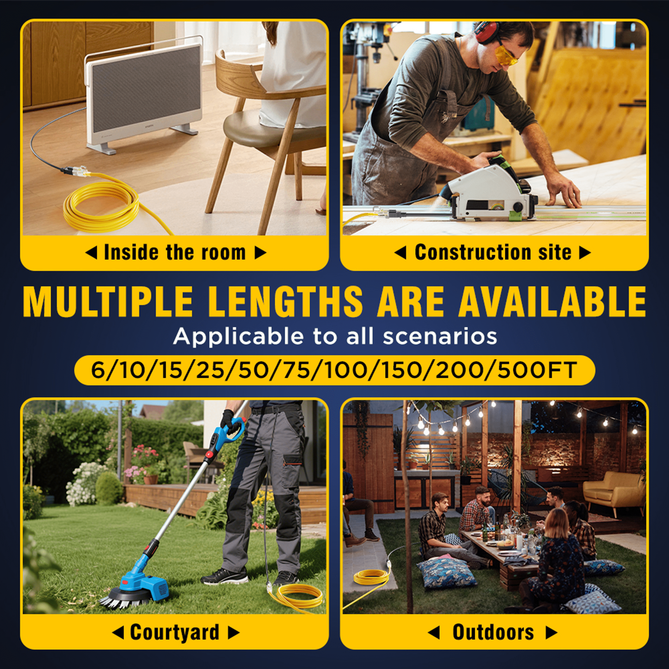 12/3 Gauge Heavy Duty 25ft Outdoor Extension Cord, Waterproof with LED Lighted End,yellow,Waterproof,ETL,flexible