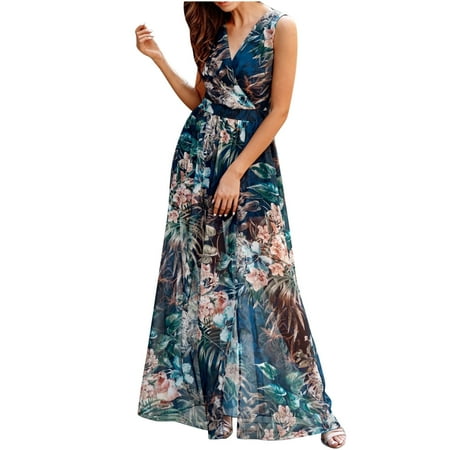 

Red Dress Womens Dresses Women s V-Neck Fashion Casual High Waist Chiffon Print Sleeveless Slit Long Dress Savings Clearance Summer Dresses Maternity Dress Prom Dresses for Teens Blue L