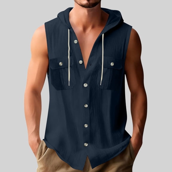 Vmvidoty Men's Pullover Hoodies Solid Color Botton Sleeveless Drawstring Casual Hooded Sweatshirt with Pockets Navy S