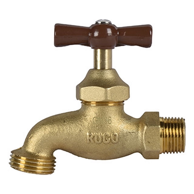 llave de jardin, rosca p/jardin gde 1/2" Modelo B2g Rugo — Llave de jardín grande con rosca de 1/2 pulgada, cuerpo en bronce dorado con grabado 'RUGO', maneral en T marrón, rosca macho lateral de 1/2" y salida roscada para manguera; comúnmente usada para conectar mangueras en patios y jardines.