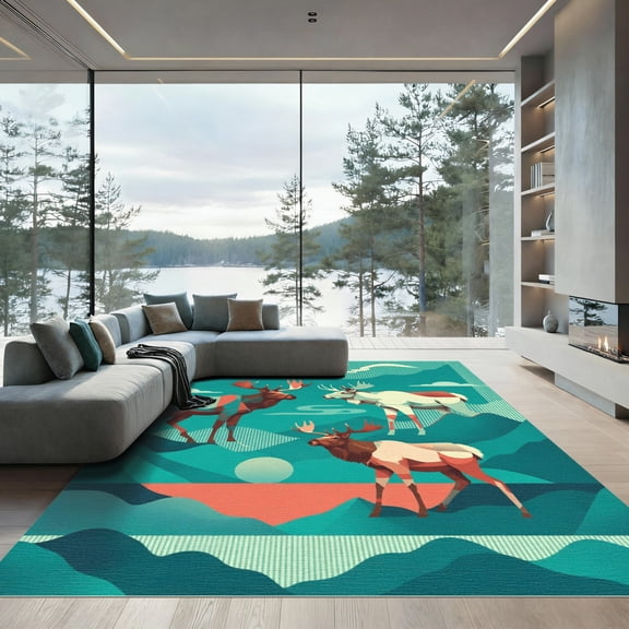 ODIKA 4'x6' Machine Washable Non-Slip Area Rug, Graphic Teal High Traffic Rug, Green, 1075115