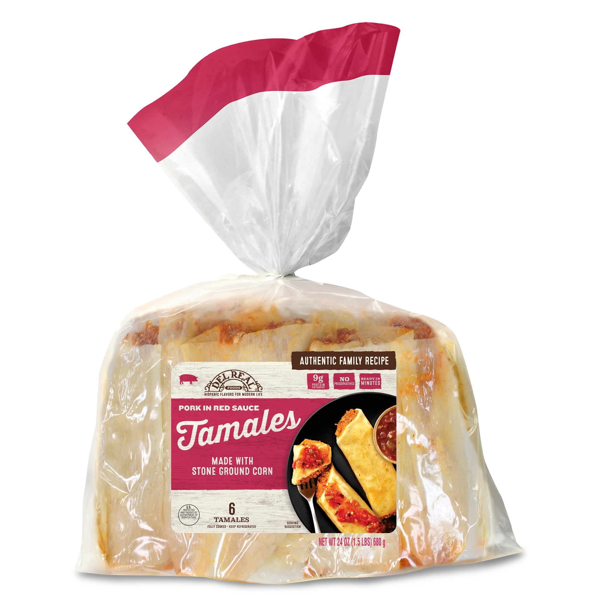 Del Real Foods Pork in Red Sauce Tamales, 24 oz (Fully Cooked)