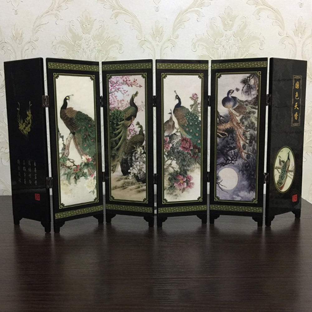 OPOLSKI Wooden 6-Panel Peacock Screen Room Divider Folding Partition Gift Desktop Decor
