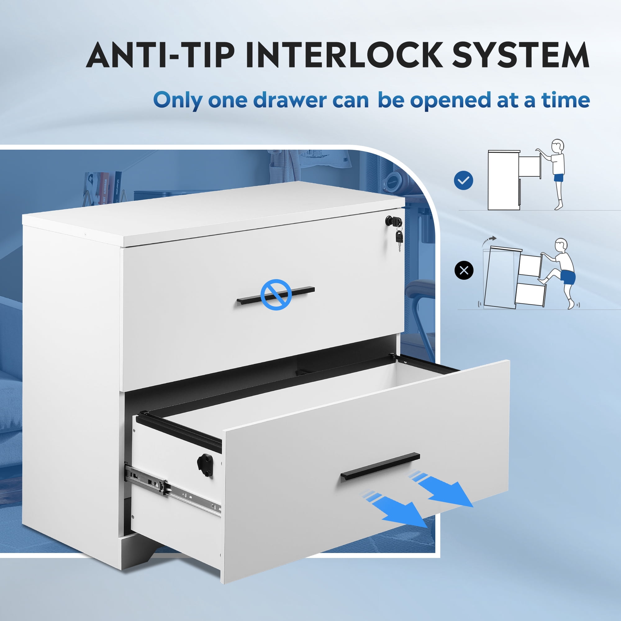 GALAXHERO 2 Drawer File Cabinets Wood Lateral Filing Cabinets with Lock for Home Office, White