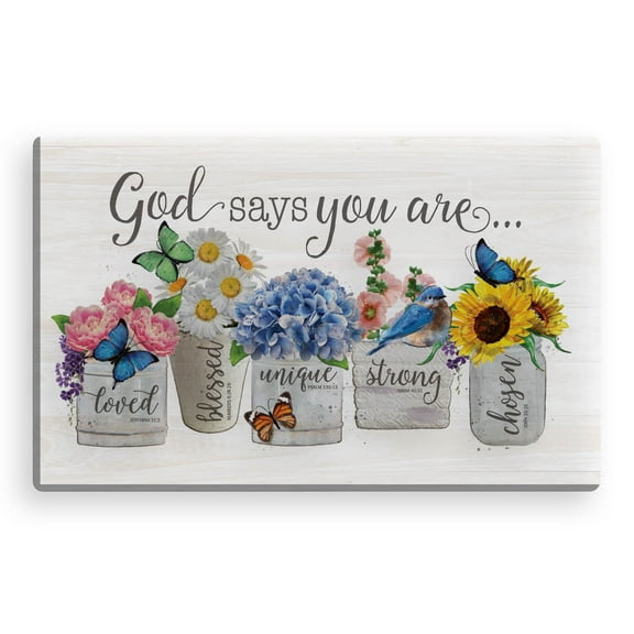 Personalized Planet God Says You Are White Floral Canvas Print | Spiritual Wall Art for Kitchen, Office, Hallway or Family Room | Ready to Hang | 10x16