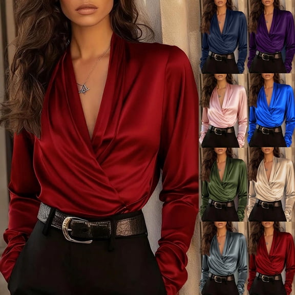 Inverlee Satin Cowl Neck Shirts for Women Winter Solid Long Sleeve Tops Elegant Trendy Loose Blouse