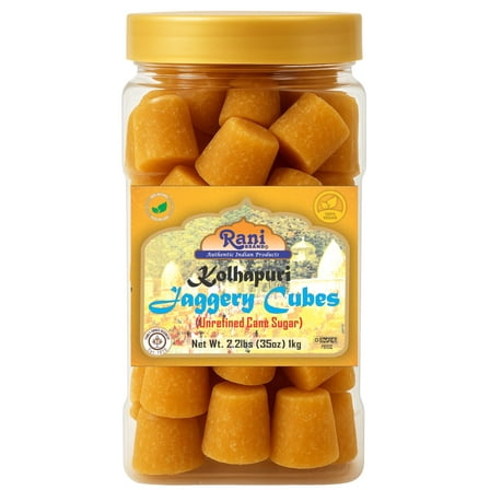 Rani Kolhapuri Jaggery Cubes (Unrefined Cane Sugar) 35oz (2.2bs) 1kg PET Jar ~ All Natural, No Color added, Gluten Friendly | Vegan | NON-GMO | Kosher | No Salt or fillers