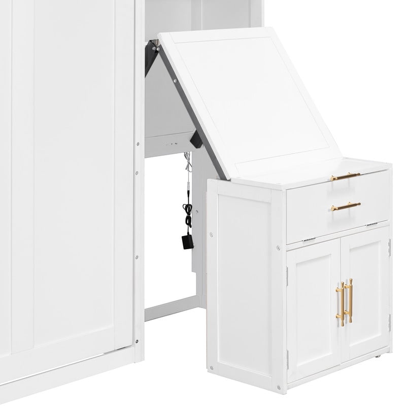 Full Size All-in-One Murphy Bed with Hidden Desk & Storage Cabinets, Foldable Platform Bed Frame with Power Outlet & LED Light