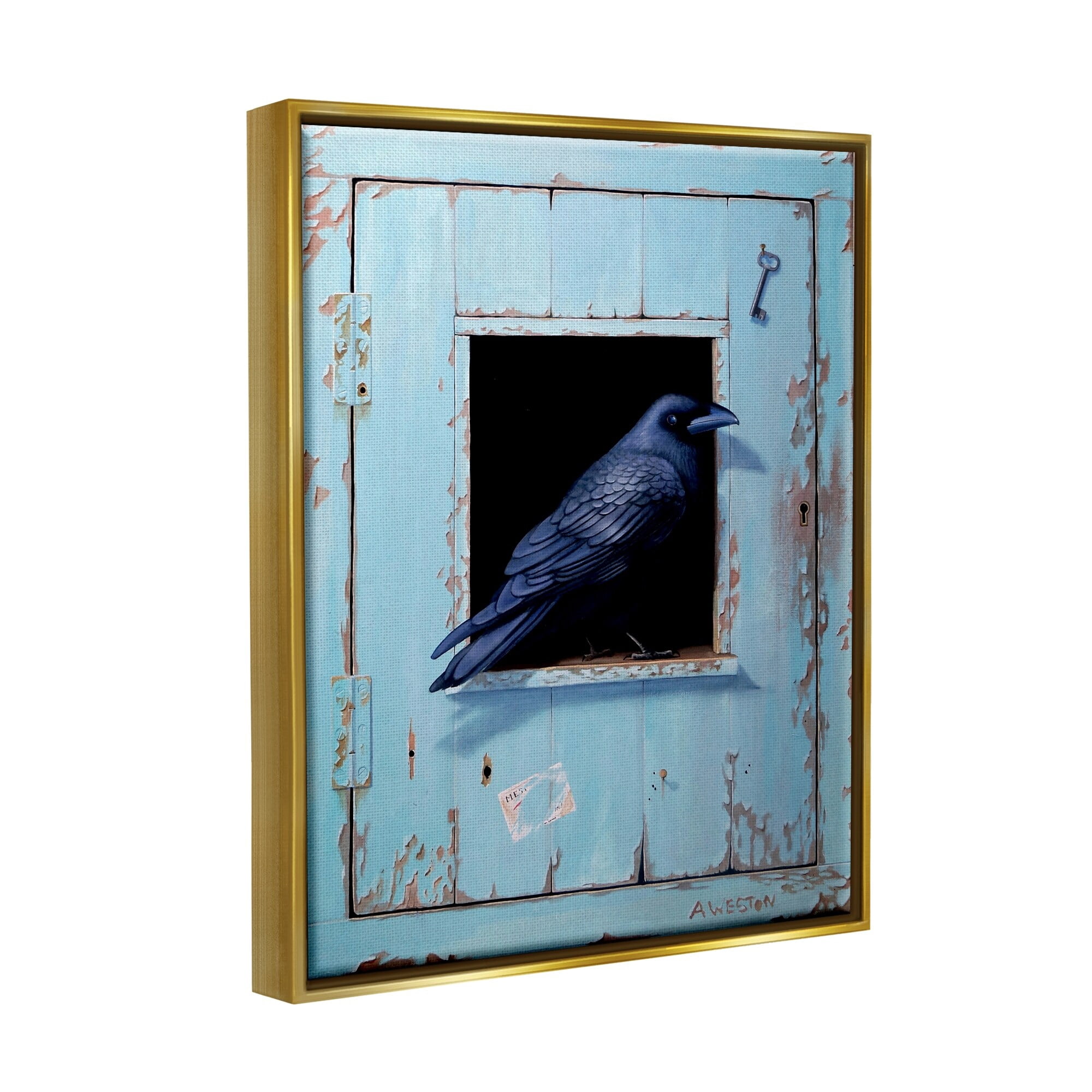 Stupell Industries Crow Perched Rustic Blue Door Hanging Key Painting Metallic Gold Floating Framed Canvas Print Wall Art, Design by Alan Weston