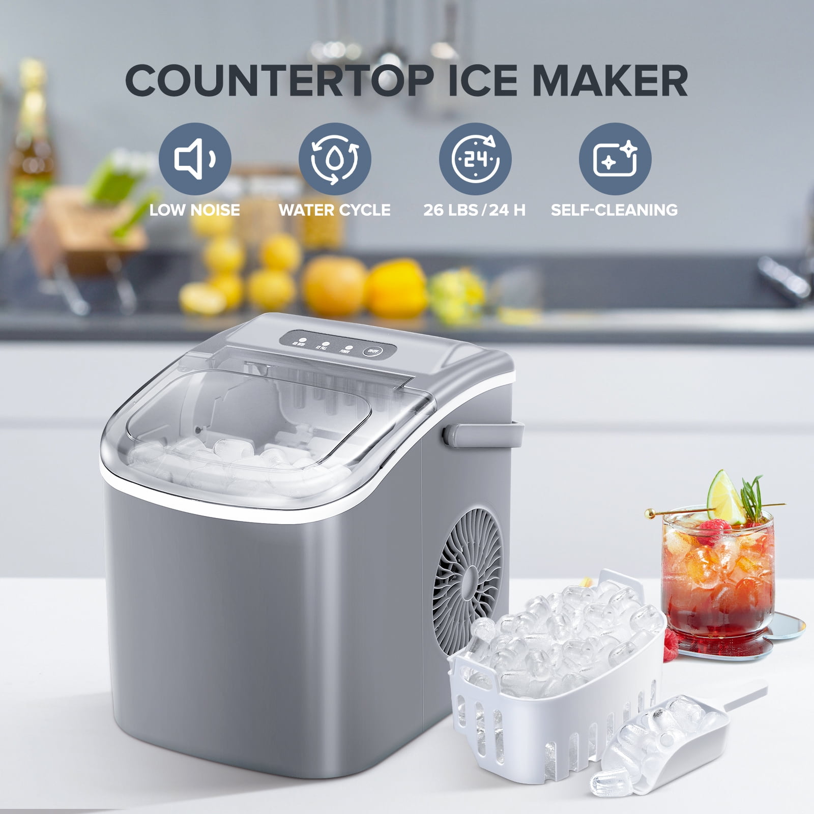 KISSAIR Portable Ice Maker Countertop, with Handle, 26Lbs/24H, 9Pcs/6Mins,  One-Click Operation Ice Makers with Ice Scoop and Basket, Self-Cleaning