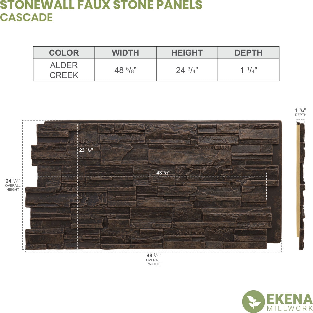 Ekena Millwork 48 5/8"W x 24 3/4"H x 1 1/4"D Cascade Stacked Stone, EverStone Faux Stone Siding Panel, Alder Creek